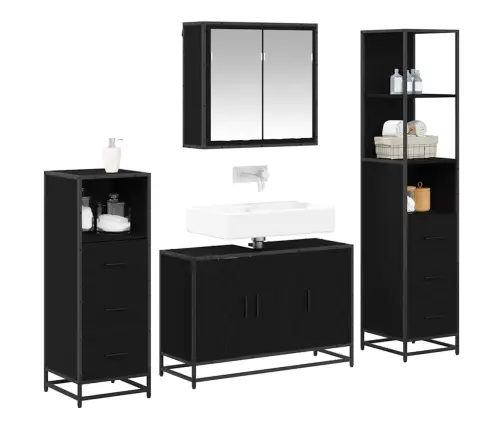 Vonios Baldų Rinkinys 4 Pcs Juoda Ąžuolo Apdirbta Mediena