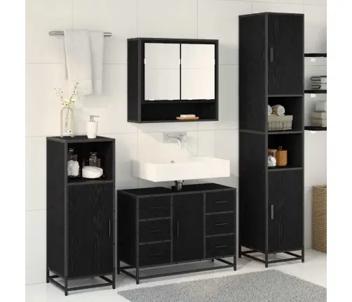 Vonios Baldų Rinkinys Su Stalčių Su Lentyna 3 Pcs Juoda Ąžuolo
