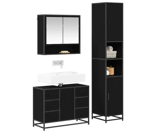 Vonios Baldų Rinkinys Su Stalčių Su Lentyna 3 Pcs Juoda Ąžuolo