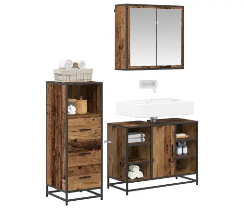 Vonios Baldų Rinkinys 3 Pcs Senovinis Medis Apdirbta Mediena