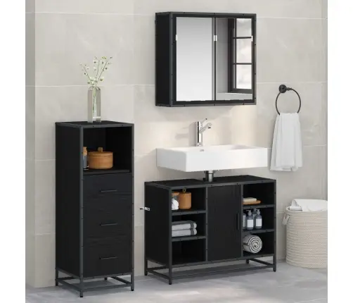 Vonios Baldų Rinkinys 3 Pcs Juodas Ąžuolas Apdirbta Mediena