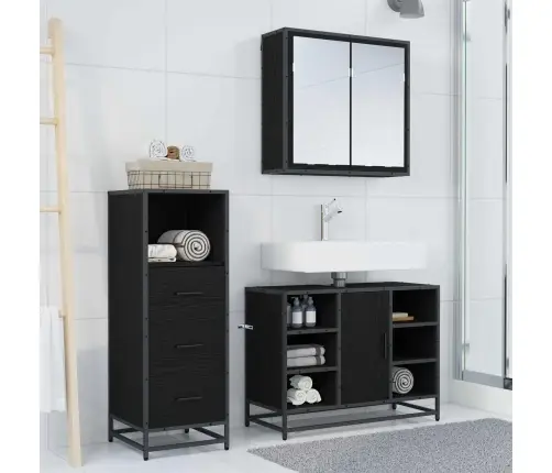 Vonios Baldų Rinkinys 3 Pcs Juodas Ąžuolas Apdirbta Mediena