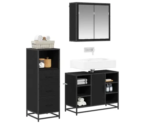 Vonios Baldų Rinkinys 3 Pcs Juodas Ąžuolas Apdirbta Mediena