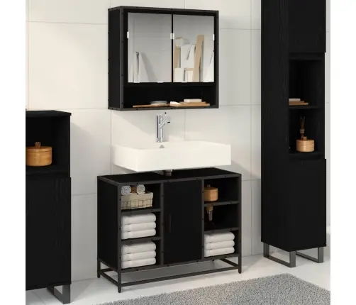 Vannitoa Mööbleset Riiuliga Uksega 2 Pcs Must Tamm Tehispuit