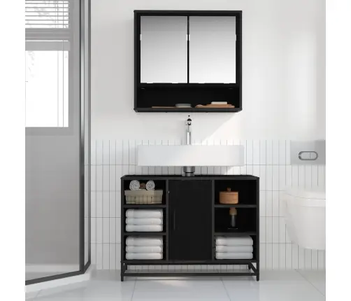 Vannitoa Mööbleset Riiuliga Uksega 2 Pcs Must Tamm Tehispuit