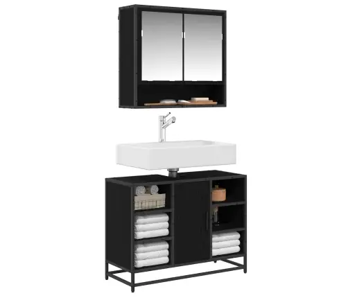 Vannitoa Mööbleset Riiuliga Uksega 2 Pcs Must Tamm Tehispuit