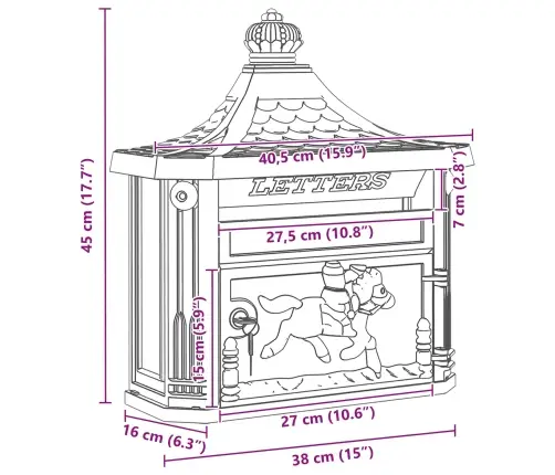 Sienas Pastkastīte Ar Durvīm Bronzas Krāsa 40.5 X 15.5 X 44 Cm Vidaxl