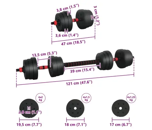 2-In-1 Hanteles Komplekts Melns Un Sarkans 121 X 19,5 X 19,5 Cm Vidaxl