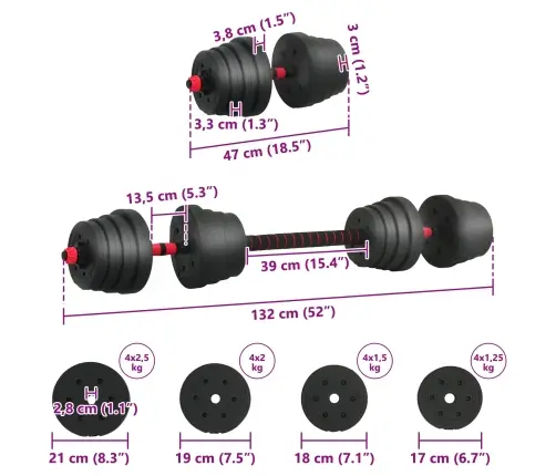 2-In-1 Hantelių Ir Štangos Rinkinys 30Kg Juoda Ir Raudona