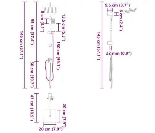 Dušas Sistēma Melna 45 X 20 X 96 Cm Misiņš, Sus201 Un Abs Vidaxl
