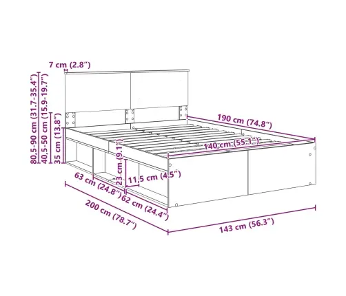 Gultas Rāmis Mākslīgā Ozola 140 X 190 Cm Inženierijas Koks Vidaxl