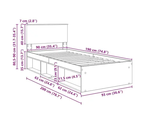 Lovos Rėmas Betono Pilka 90 X 190 Cm Apdirbta Mediena