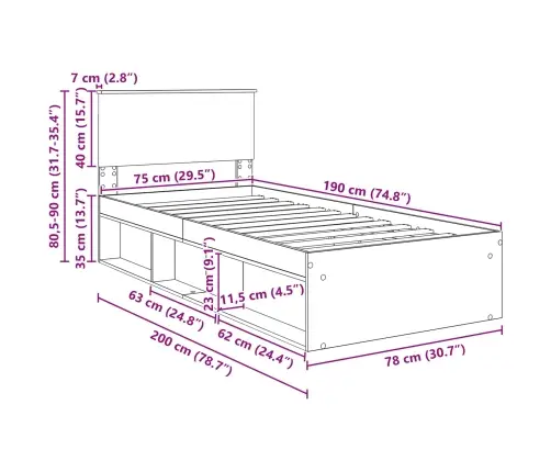 Gultas Rāmis Pelēks Sonoma 75 X 190 Cm Inženierijas Koks Vidaxl