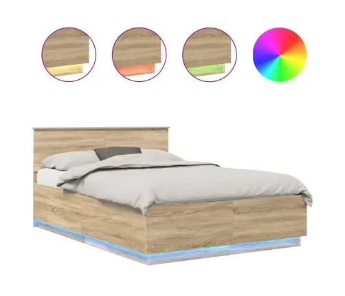 Voodi Raam Led -Ribatuledega Sonoma Tamm 140 X 200 Cm Tehispuit