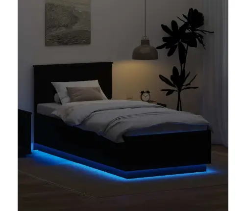 Voodi Raam Led -Ribatuledega Peaga Must 90 X 200 Cm Tehispuit