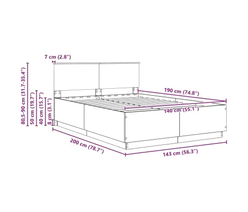 Gultas Rāmis Sonoma Ozols 140 X 190 Cm Inženierijas Koks Vidaxl