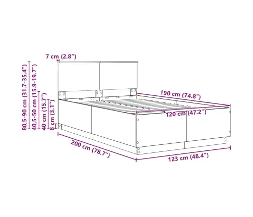 Gultas Rāmis Brūns Ozols 120 X 190 Cm Inženierijas Koks Vidaxl