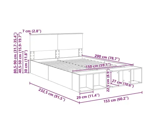 Gultas Rāmis Betona Pelēks 150 X 200 Cm Inženierijas Koks Vidaxl