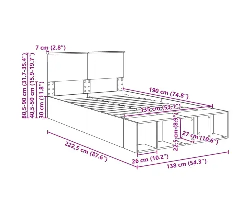 Gultas Rāmis Betona Pelēks 135 X 190 Cm Inženierijas Koks Vidaxl