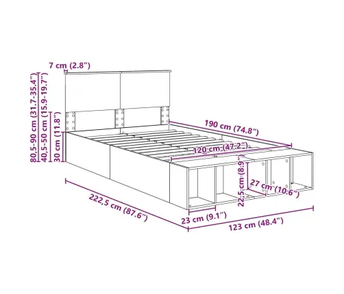 Gultas Rāmis Betona Pelēks 120 X 190 Cm Inženierijas Koks Vidaxl