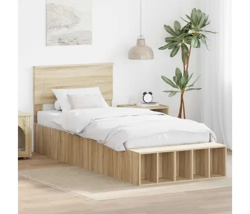 Voodi Raam Riiuliga Peaga Sonoma Tamm 100 X 200 Cm Tehispuit