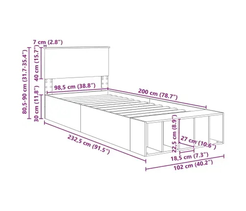 Voodi Raam Riiuliga Peaga Sonoma Tamm 100 X 200 Cm Tehispuit