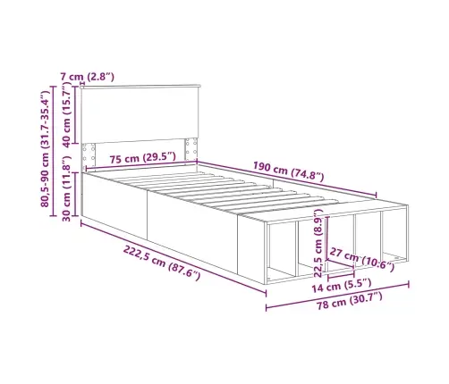 Gultas Rāmis Brūns Ozols 75 X 190 Cm Inženierijas Koks Vidaxl