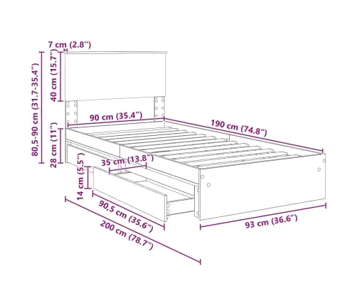 Glabāšanas Gulta Brūns Ozols 90 X 190 Cm Inženierijas Koks Vidaxl