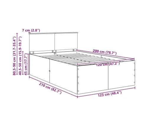 Gultas Rāmis Betona Pelēks 120 X 200 Cm Inženierijas Koks Vidaxl