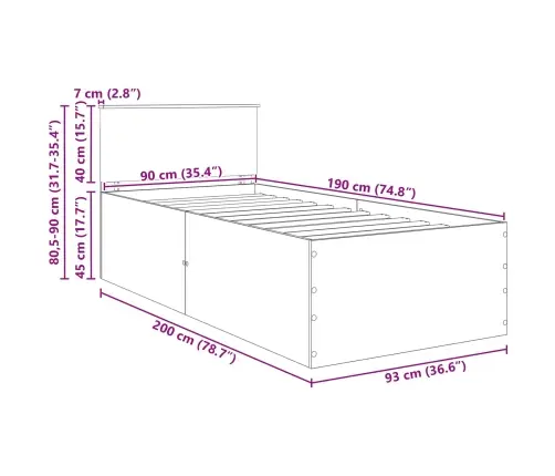 Gultas Rāmis Dūmaka Ozols 90 X 190 Cm Inženierijas Koks Vidaxl