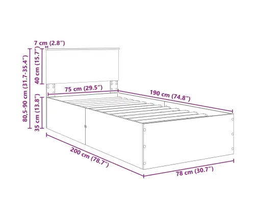 Gultas Rāmis Dūmaka Ozols 75 X 190 Cm Inženierijas Koks Vidaxl