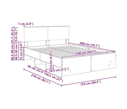 Gultas Rāmis Brūns Ozols 150 X 200 Cm Inženierijas Koks Vidaxl