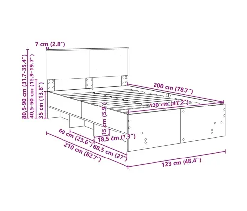 Gultas Rāmis Sonoma Ozols 120 X 123 Cm Inženierijas Koks Vidaxl