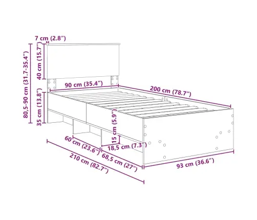 Gultas Rāmis Betona Pelēks 90 X 200 Cm Inženierijas Koks Vidaxl