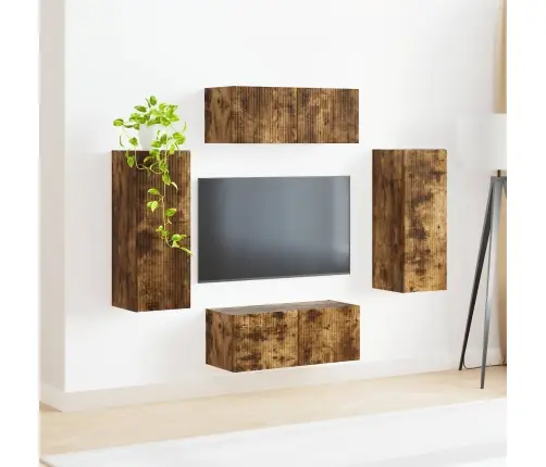 Tv Sieninio Kabineto Komplektas 4 Pcs Rūkyta Ąžuolas