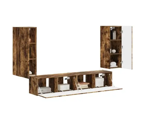 Tv Sieninio Kabineto Komplektas 4 Pcs Rūkyta Ąžuolas