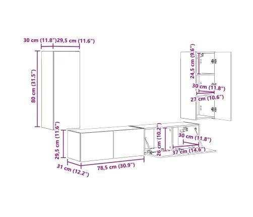 Tv Sieninio Kabineto Komplektas 4 Pcs Rūkyta Ąžuolas