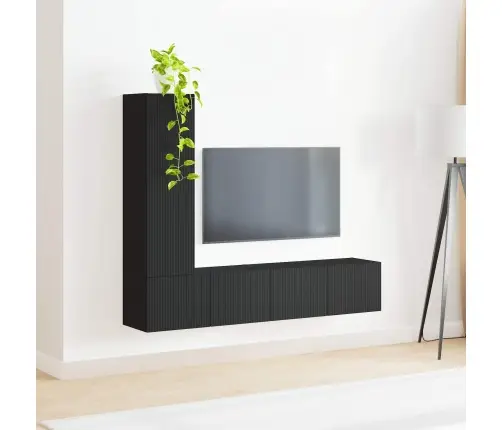 Tv Spintelių Komplektas 3 Pcs Juoda Apdirbta Mediena