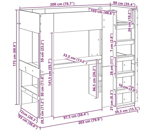 Divstāvu Gultas Rāmis Ar Galdu Melns Ozolkoks 100 X 200 Cm Vidaxl