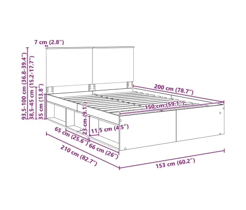 Gultas Rāmis Dūmaka Ozols 150 X 200 Cm Ciets Priedes Koks Vidaxl
