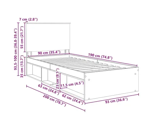 Gultas Rāmis Brūns Ozols 90 X 190 Cm Ciets Priedes Koks Vidaxl