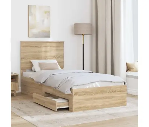 Gultas Rāmis Ar Atvilktni Dūmu Ozols Un Sudrabs 75 X 190 Cm Vidaxl