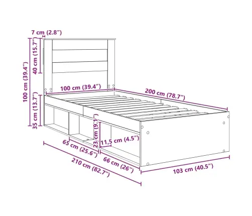 Gultas Rāmis Betona Pelēks 100 X 200 Cm Ciets Priedes Koks Vidaxl