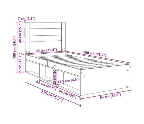 Gultas Rāmis Mākslīgā Ozola 90 X 200 Cm Ciets Priedes Koks Vidaxl