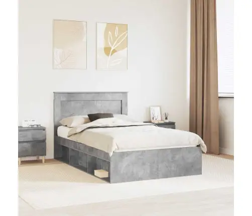 Gultas Rāmis Betona Pelēks 135 X 190 Cm Ciets Priedes Koks Vidaxl