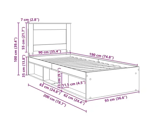 Gultas Rāmis Betona Pelēks 90 X 190 Cm Ciets Priedes Koks Vidaxl
