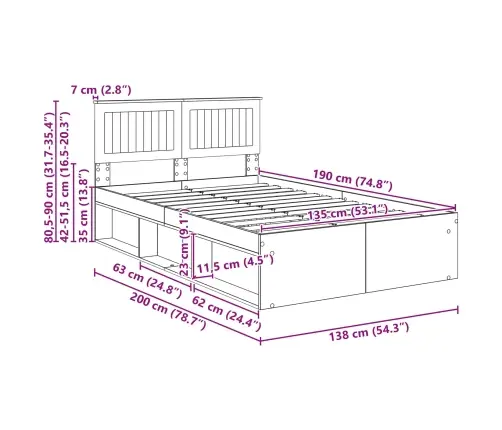 Gultas Rāmis Balts 135 X 190 Cm Ciets Priedes Koks Vidaxl