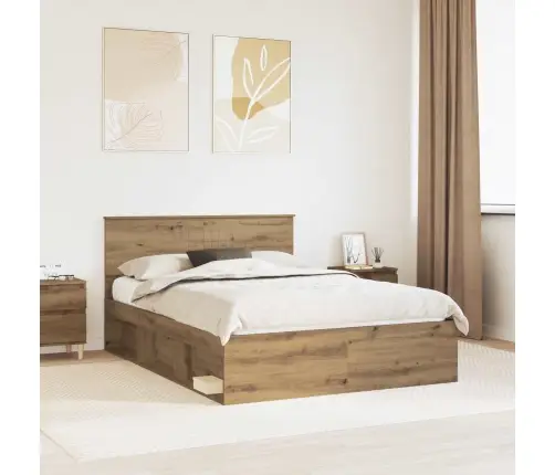 Gultas Rāmis Mākslīgā Ozola 135 X 190 Cm Ciets Priedes Koks Vidaxl