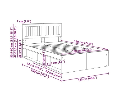Gultas Rāmis Betons 120 X 190 Cm Ciets Priedes Koks Vidaxl