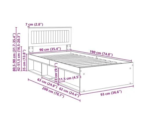 Voodi Raam Peaga Suitsetatud Tamm 90 X 190 Cm Tahke Mänd